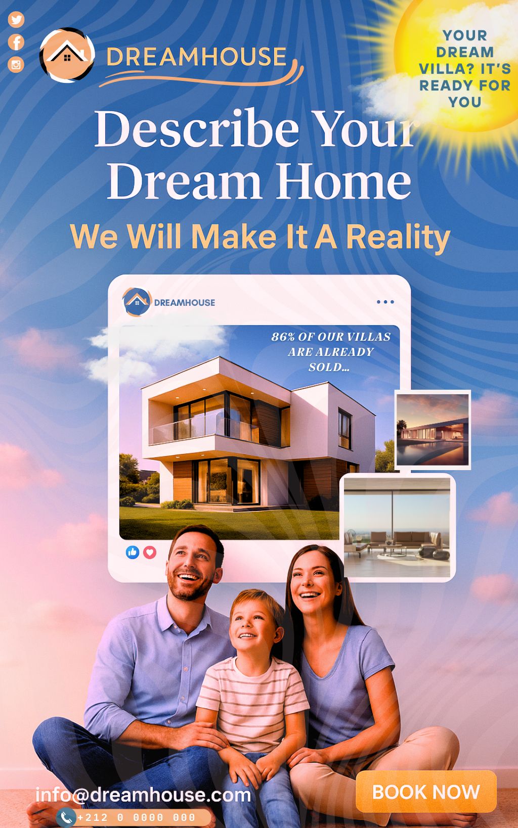 Luxury real estate promotional graphic featuring a family and modern villa branding concept