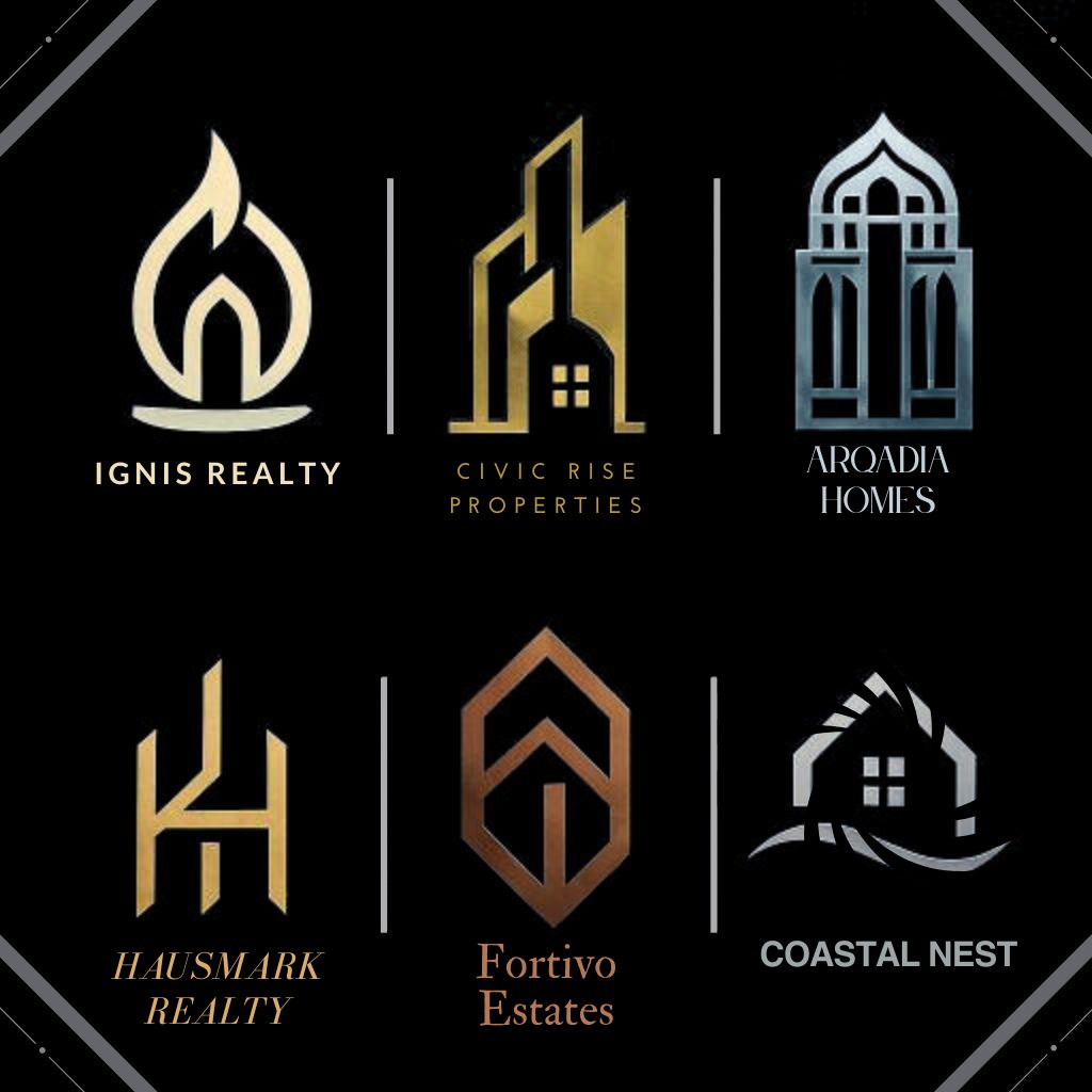Modern abstract real estate logos with minimalist gold and black design