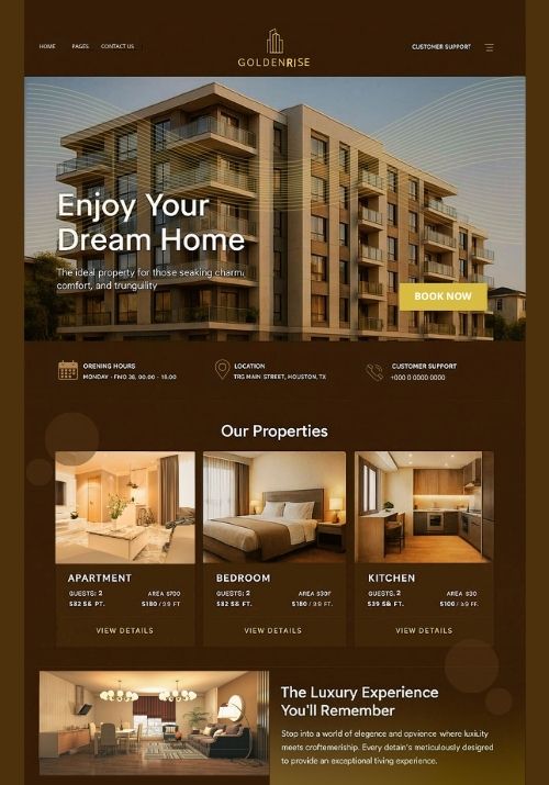 Modern real estate website interface showing property details and call-to-action buttons.